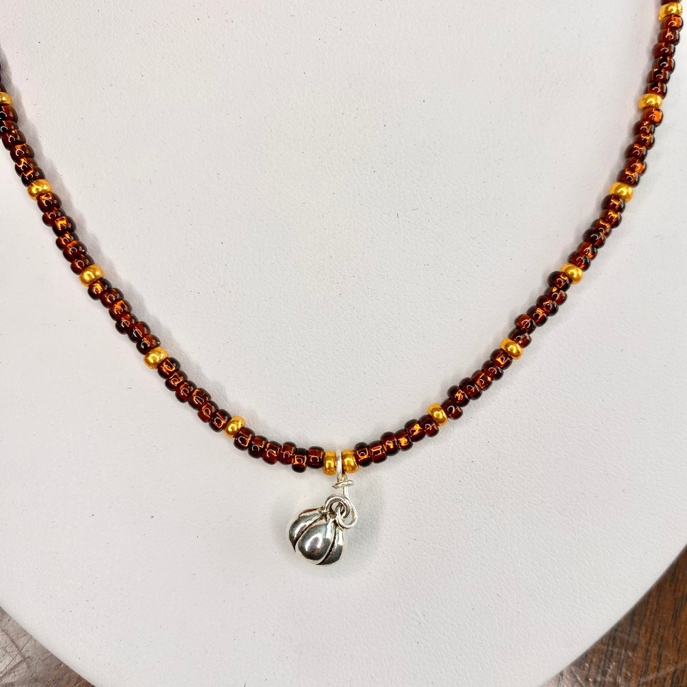 Pumpkin Silver Tone Pendant Autumn Colored Beaded Necklace